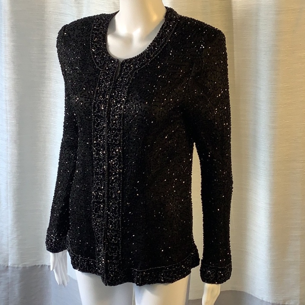 Vintage Laurence Kazar Petite M Black Silk Beaded Embellished Evening Jacket